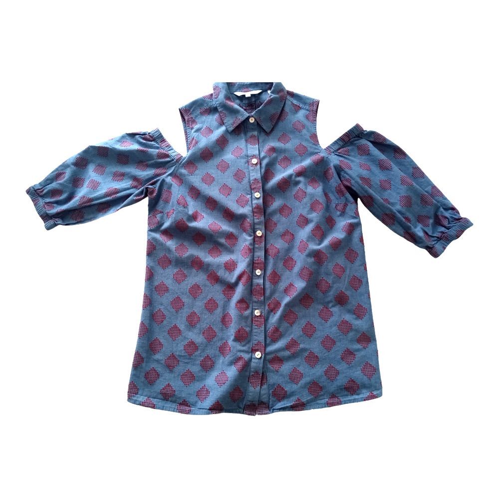Foxcroft NY Cold Shoulder Collared Shirt Women 6 Blue Red Diamond Shape …